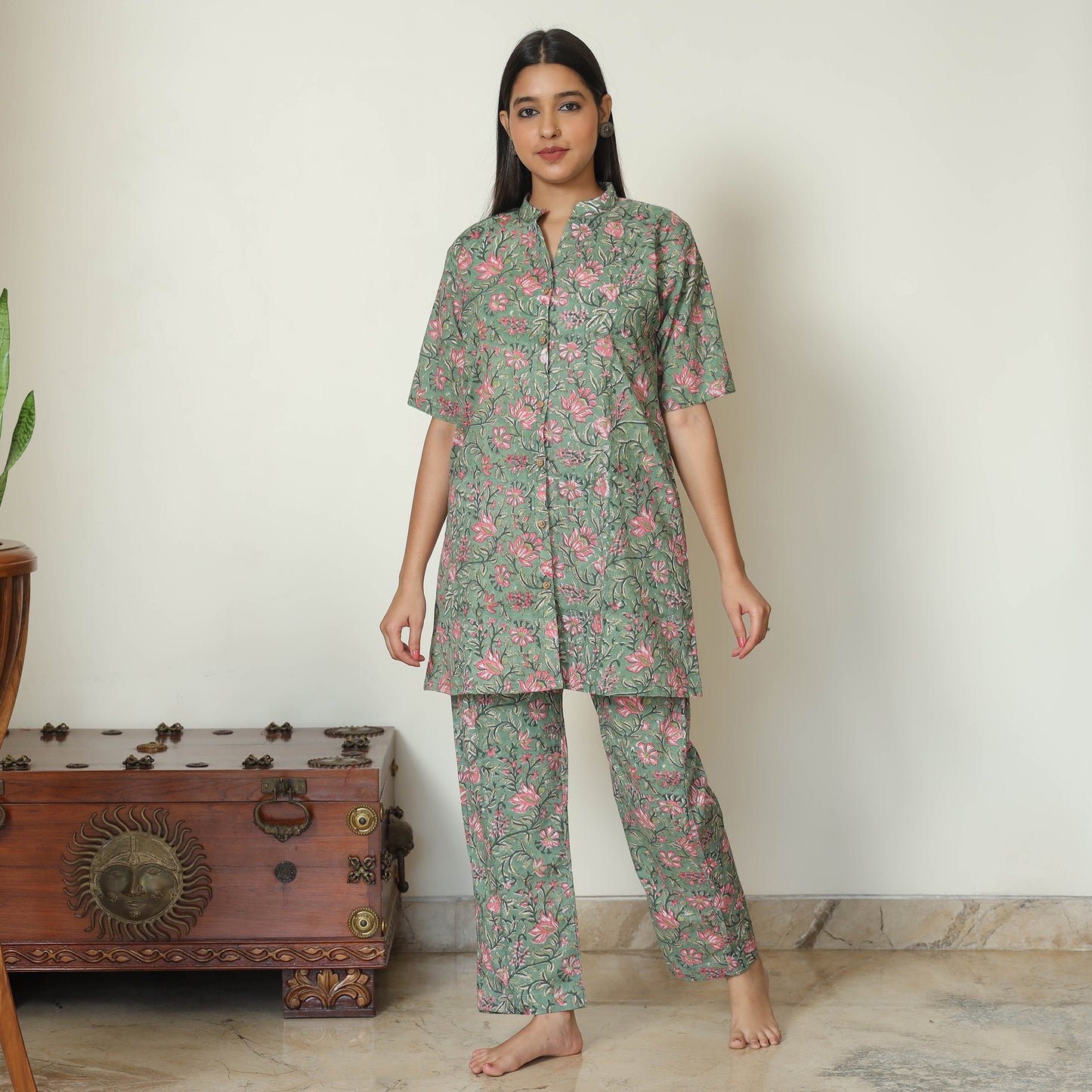 Green - Sanganeri Block Printed Cotton Night Suit Set 07