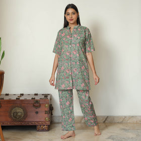 Green - Sanganeri Block Printed Cotton Night Suit Set 07