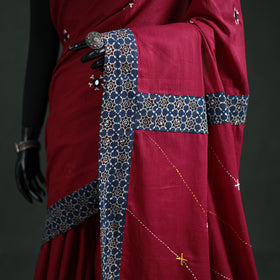 Tagai & Mirror Embroidered Ajrakh Patchwork Pure Mul Cotton Saree with Blouse Piece 07