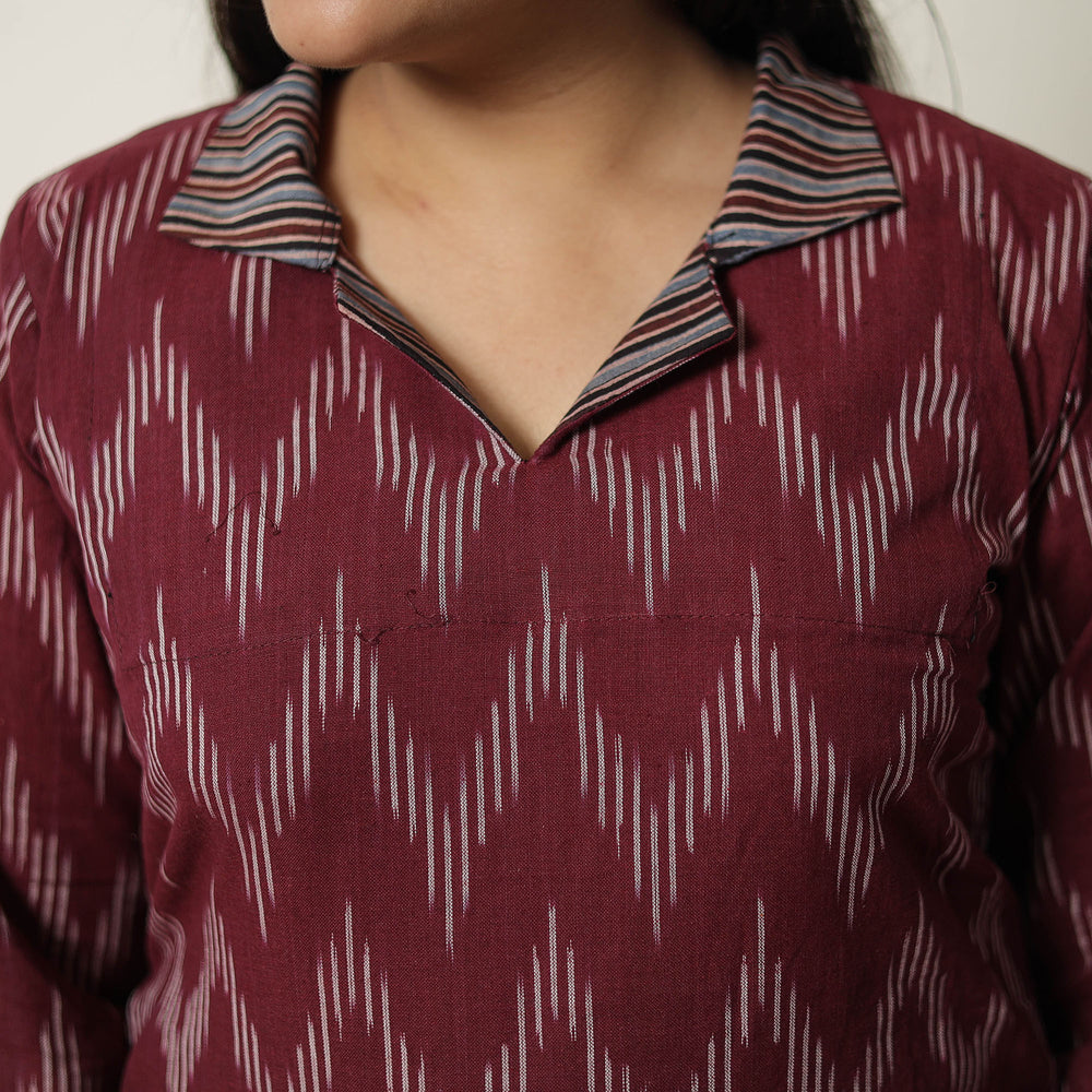 Maroon - Handloom Cotton Pochampally Ikat Kurta Set 10