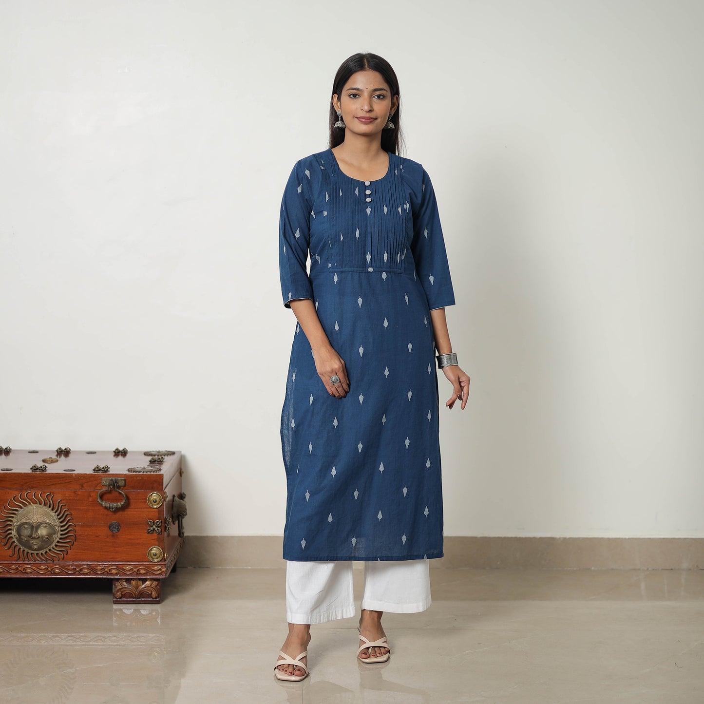 Blue - Pure Cotton Pintuck Straight Jacquard Kurta 09