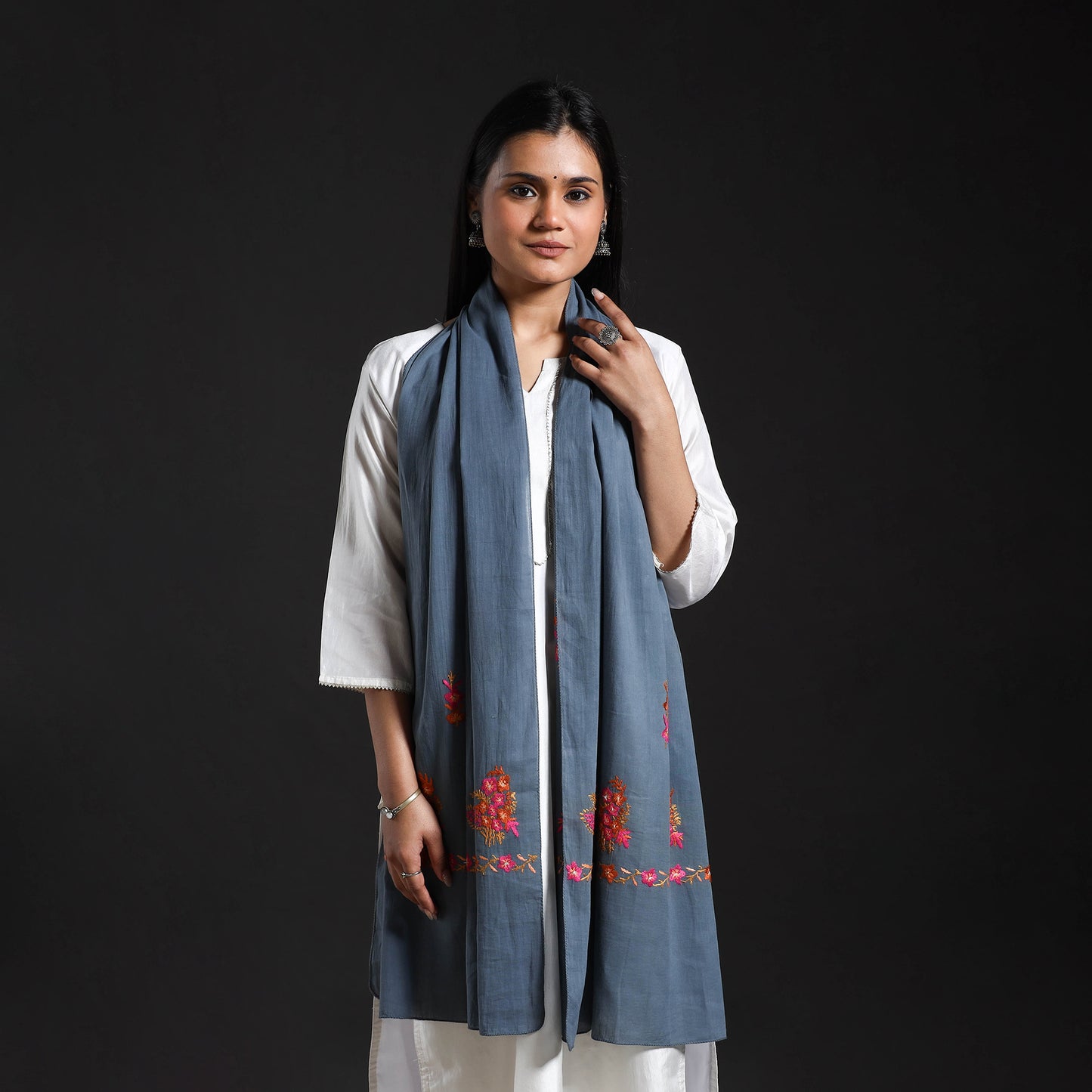 Grey - Cotton Kashida Embroidery Stole 28