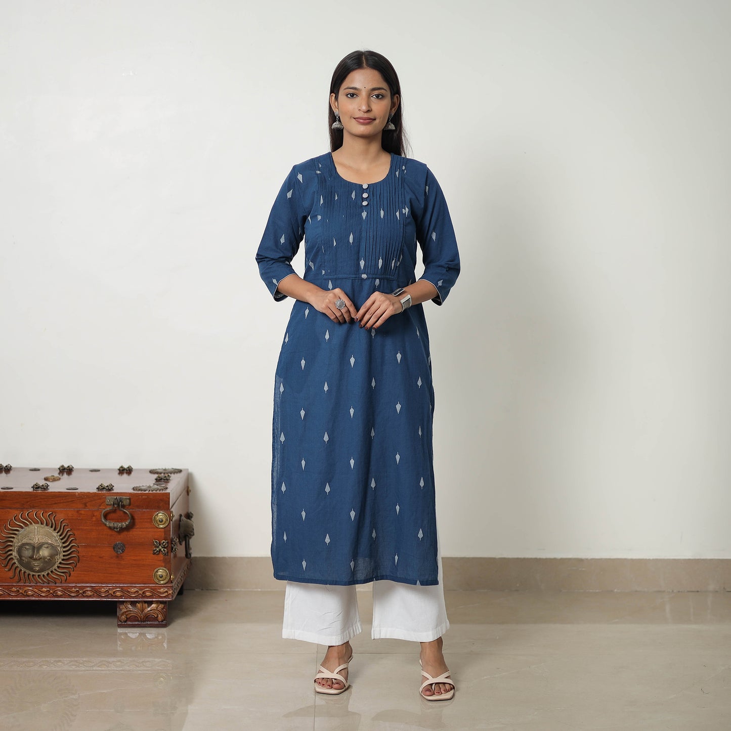 Blue - Pure Cotton Pintuck Straight Jacquard Kurta 09