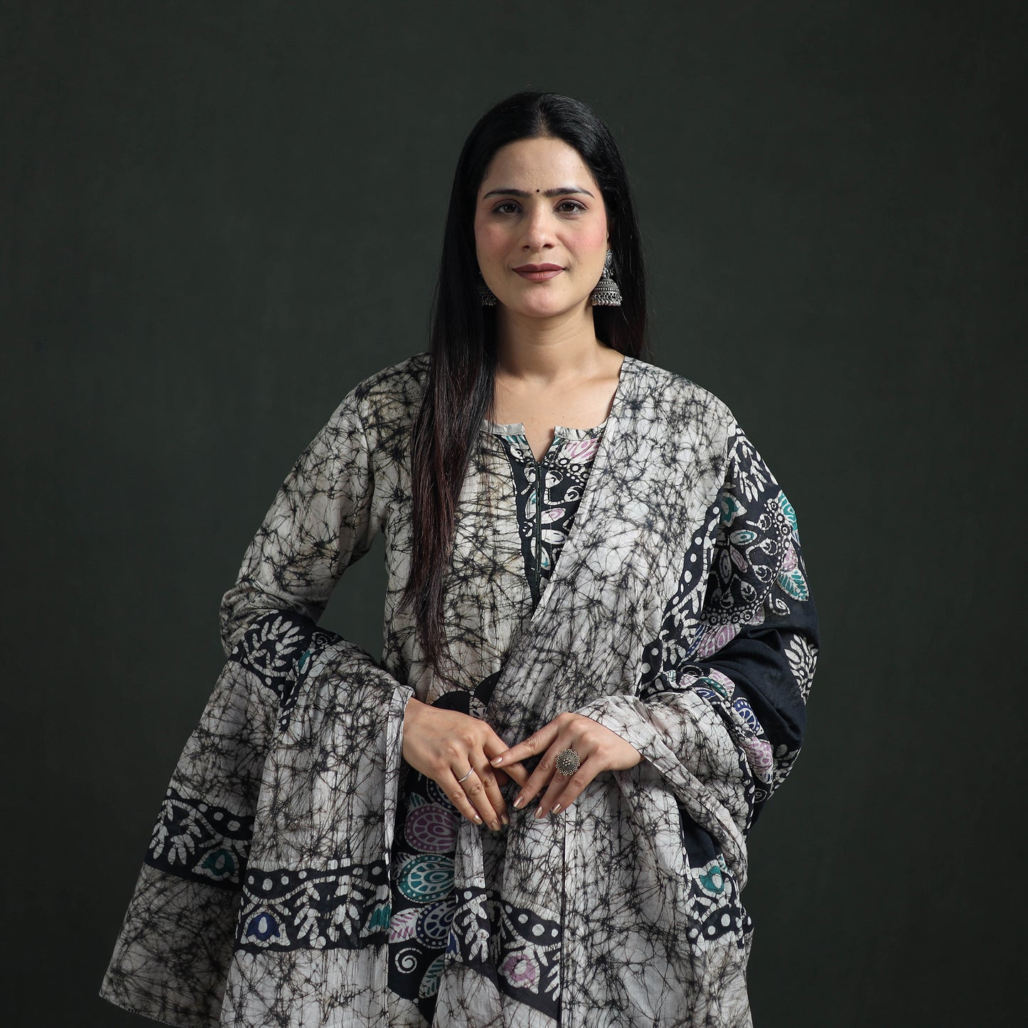 Indonesian Hand Batik Print Cotton Suit Set with Dupatta for Women 03