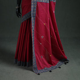 Tagai & Mirror Embroidered Ajrakh Patchwork Pure Mul Cotton Saree with Blouse Piece 07