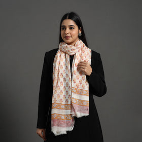 Orange - Pure Wool Block Print Sanganeri Stole 01