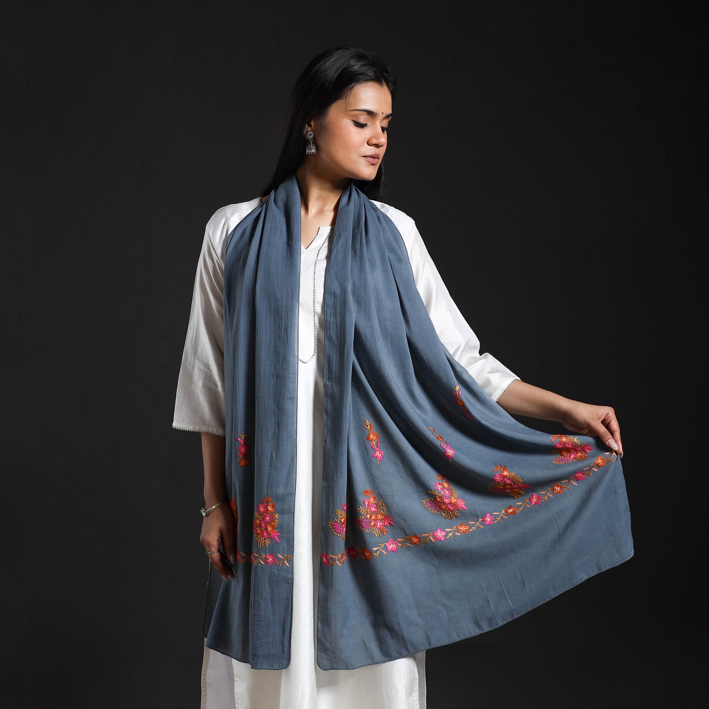 Grey - Cotton Kashida Embroidery Stole 29