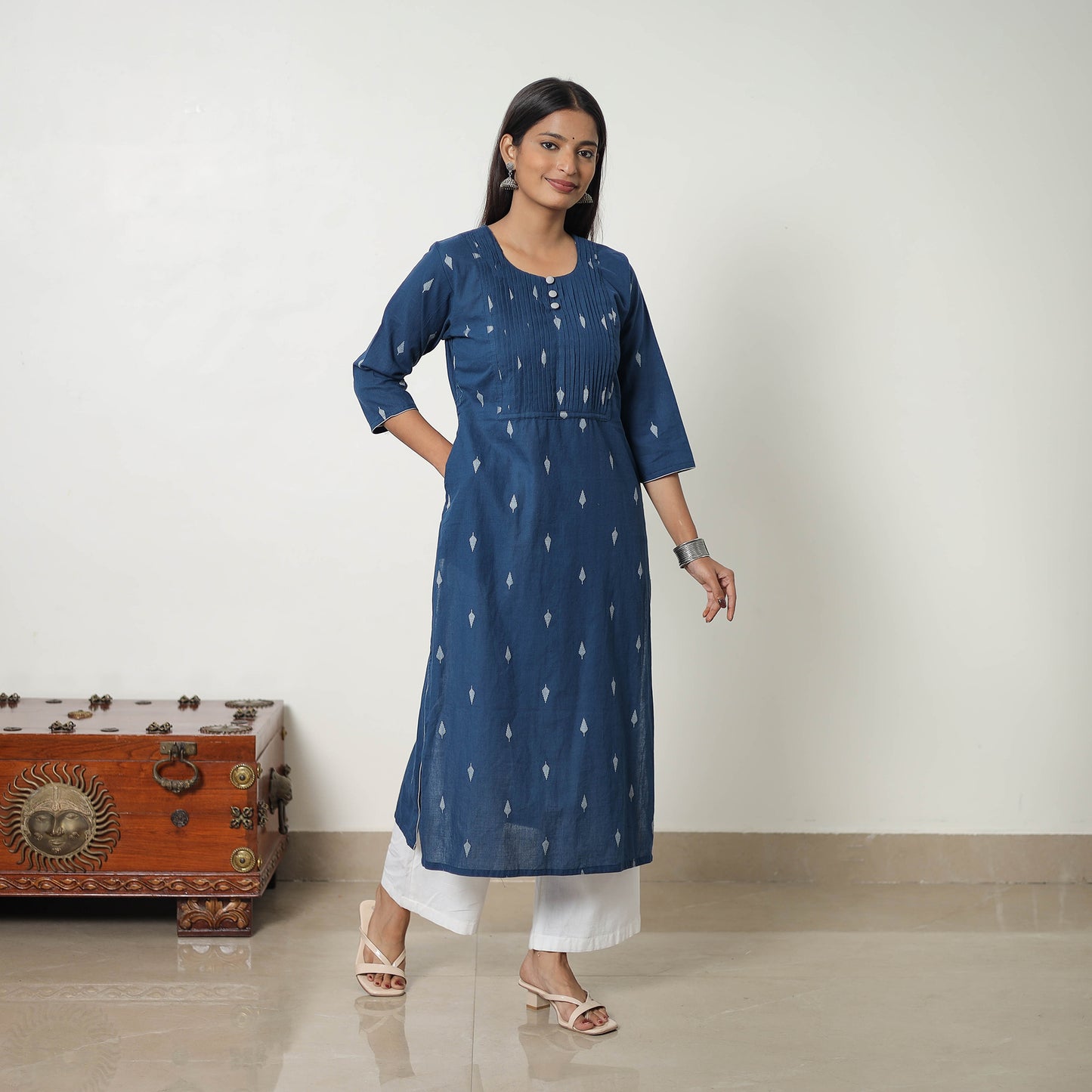 Blue - Pure Cotton Pintuck Straight Jacquard Kurta 09