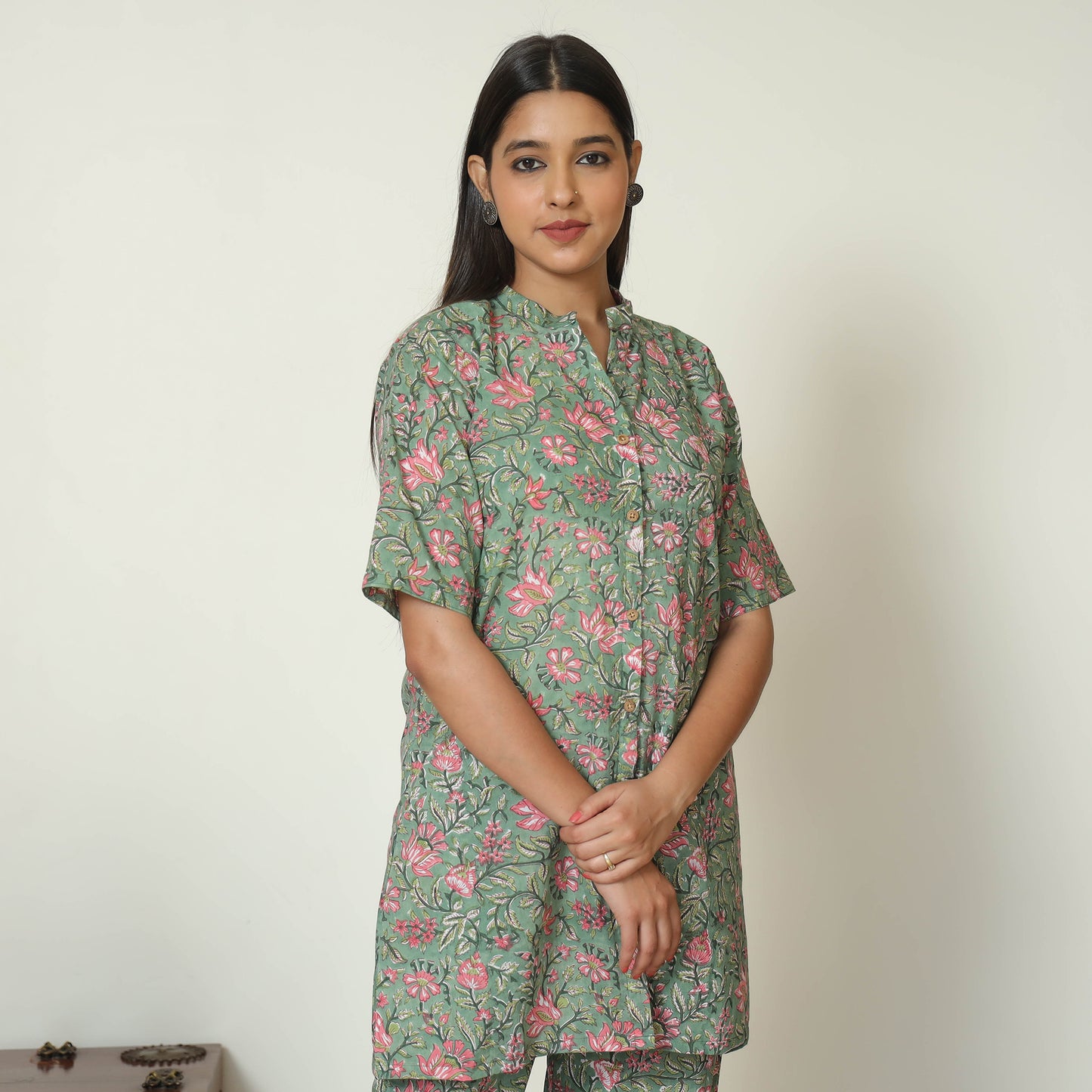 Green - Sanganeri Block Printed Cotton Night Suit Set 07