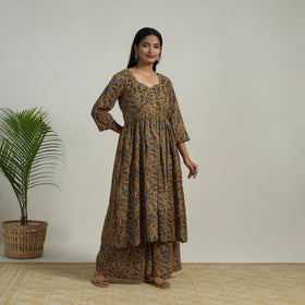 Buy Yellow Flared Cotton Block Print Kalamkari Kurta Set