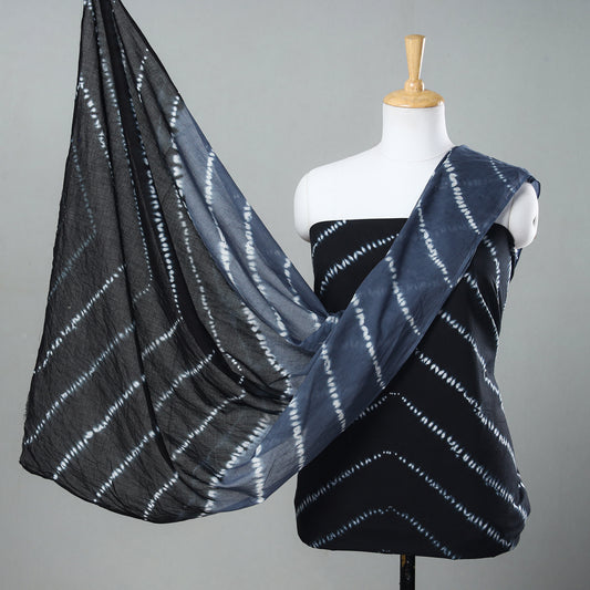 Black - 3pc Shibori Tie-Dye Mul Cotton Suit Material Set