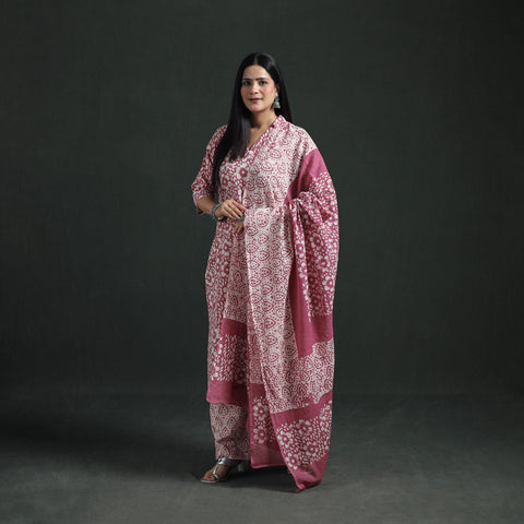 Pink - Hand Batik Print Cotton Suit Set with Dupatta for Women 13