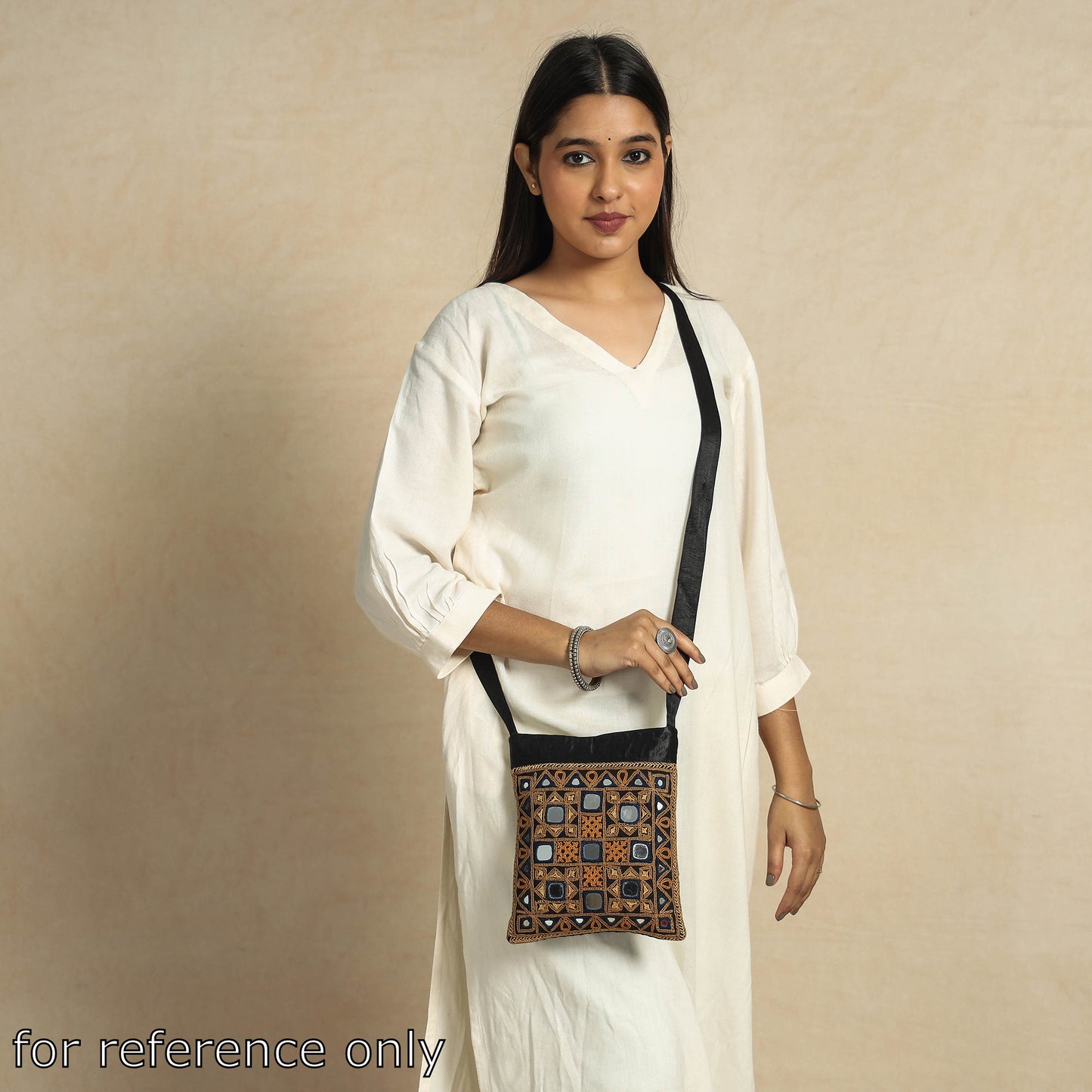 Brown - Kutch Abstract Hand Embroidery Mashru Silk Sling Bag