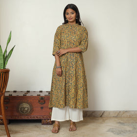 Yellow Block Print Cotton A-Line Kalamkari Kurta For Women