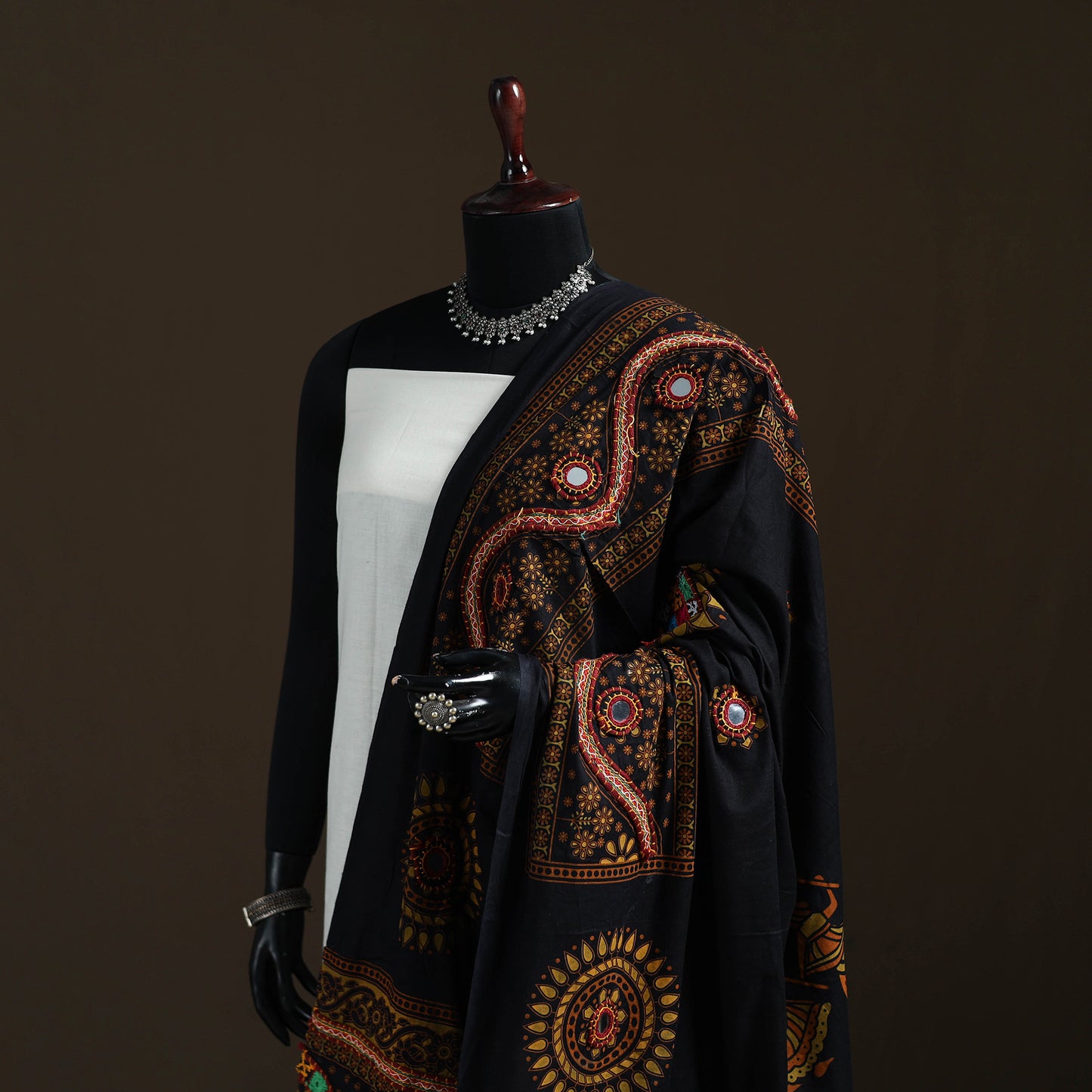 Kutch Hand Embroidered Mirror Work Printed Cotton Dupatta 13