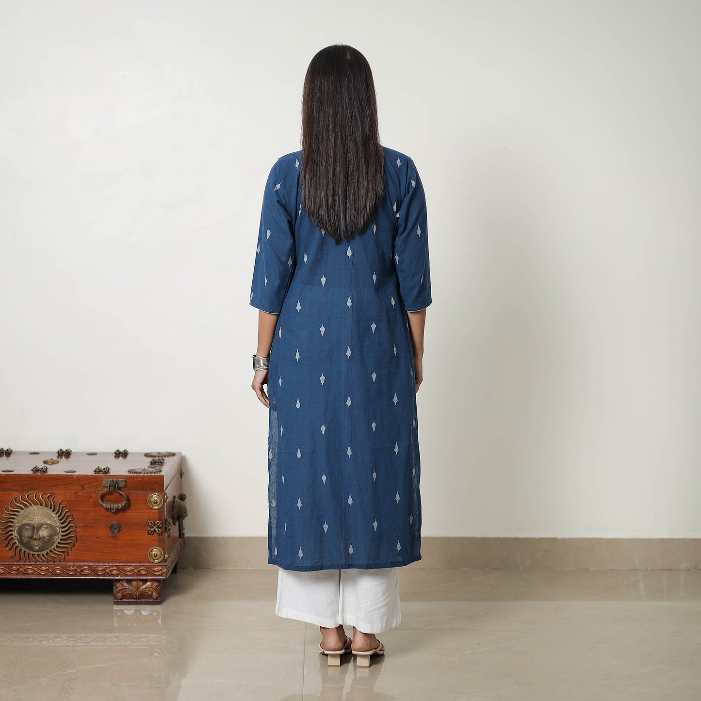 Blue - Pure Cotton Pintuck Straight Jacquard Kurta 09