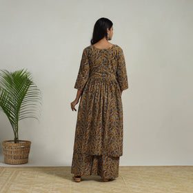 Buy Yellow Flared Cotton Block Print Kalamkari Kurta Set