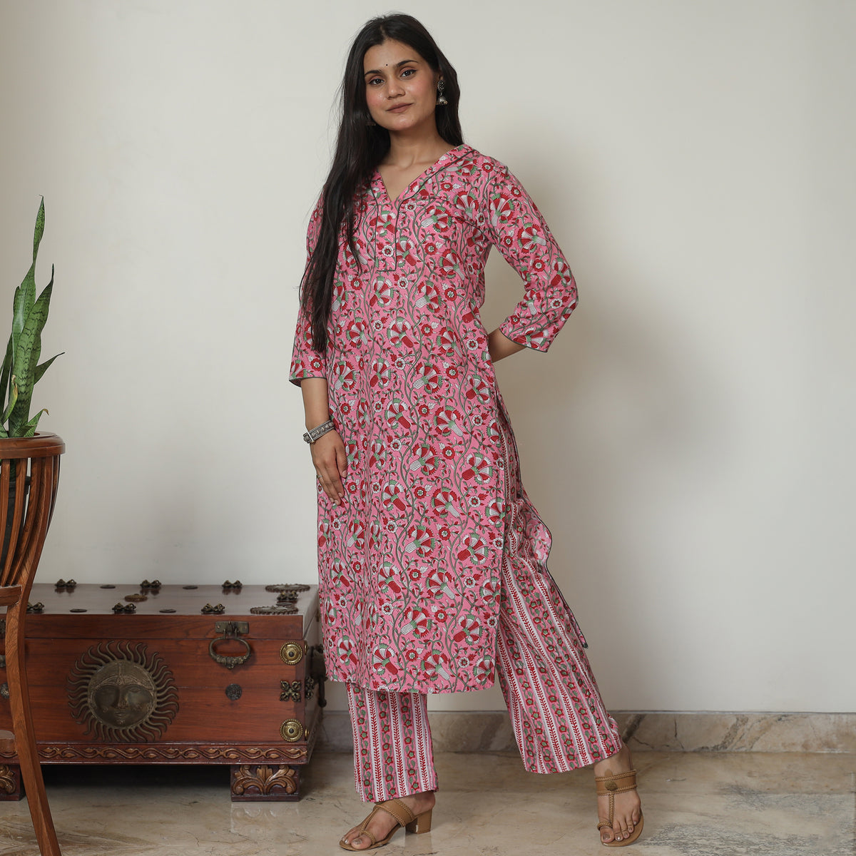 Pink - Sanganeri Block Printed Cotton Kurta with Palazzo Set 10