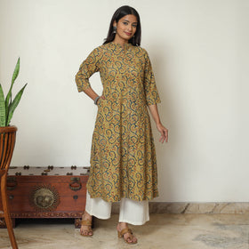 Yellow Block Print Cotton A-Line Kalamkari Kurta For Women