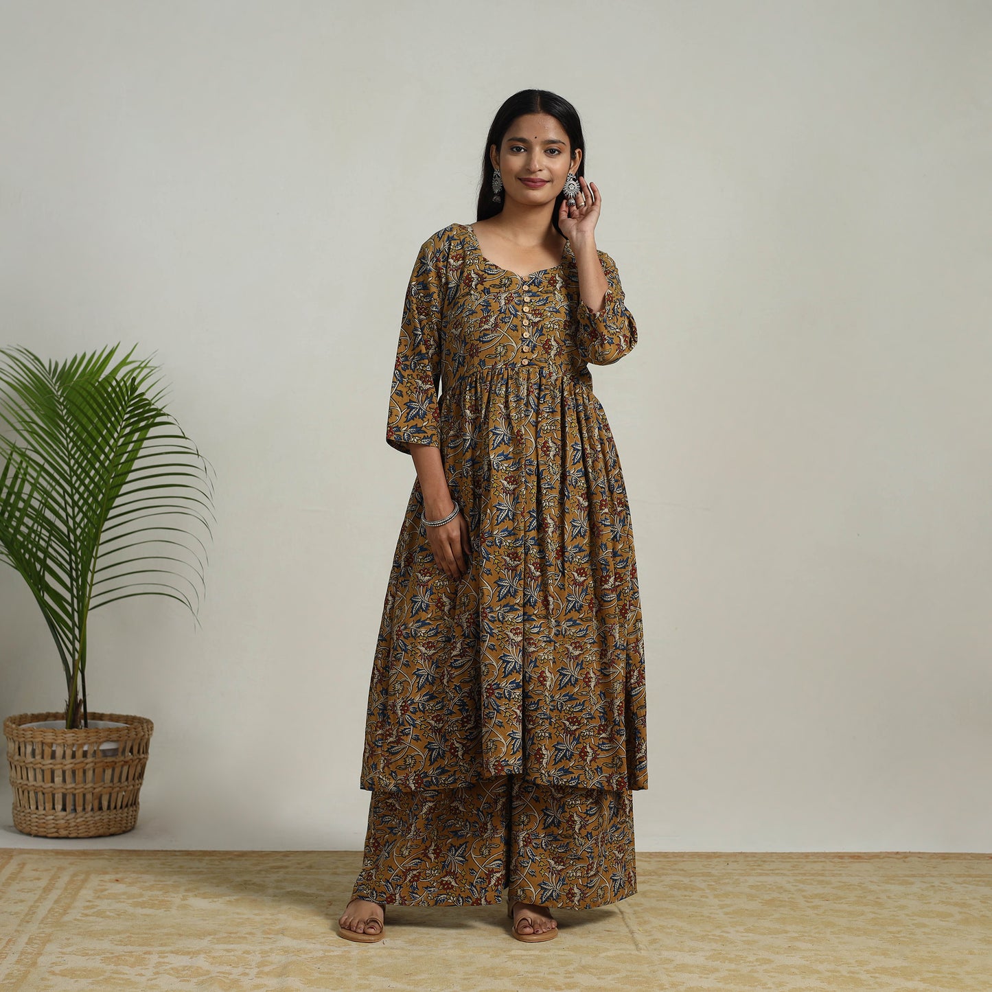 Yellow - Flared Cotton Block Print Kalamkari Kurta Set 01