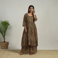 Yellow - Flared Cotton Block Print Kalamkari Kurta Set 01