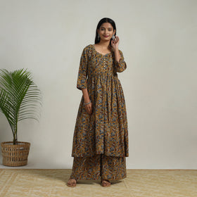 Buy Yellow Flared Cotton Block Print Kalamkari Kurta Set