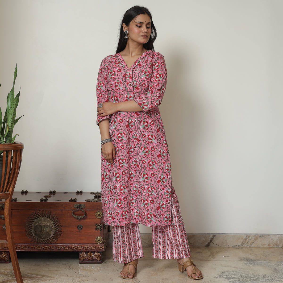 Pink - Sanganeri Block Printed Cotton Kurta with Palazzo Set 10