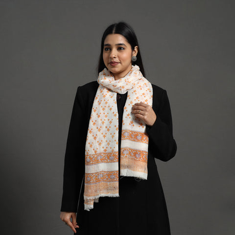 Orange - Pure Wool Block Print Sanganeri Stole 02