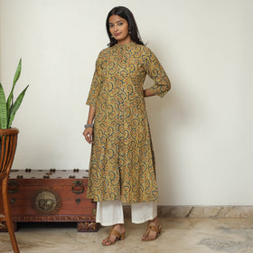 Yellow Block Print Cotton A-Line Kalamkari Kurta For Women