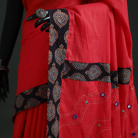 Tagai & Mirror Embroidered Ajrakh Patchwork Pure Mul Cotton Saree with Blouse Piece 08