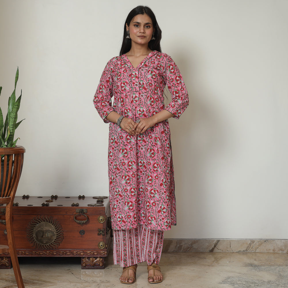 Pink - Sanganeri Block Printed Cotton Kurta with Palazzo Set 10