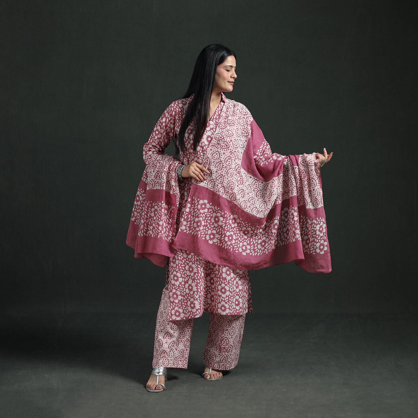 Hand Batik Print Cotton Suit Set with Dupatta for Women 13