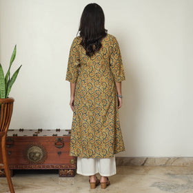 Yellow Block Print Cotton A-Line Kalamkari Kurta For Women