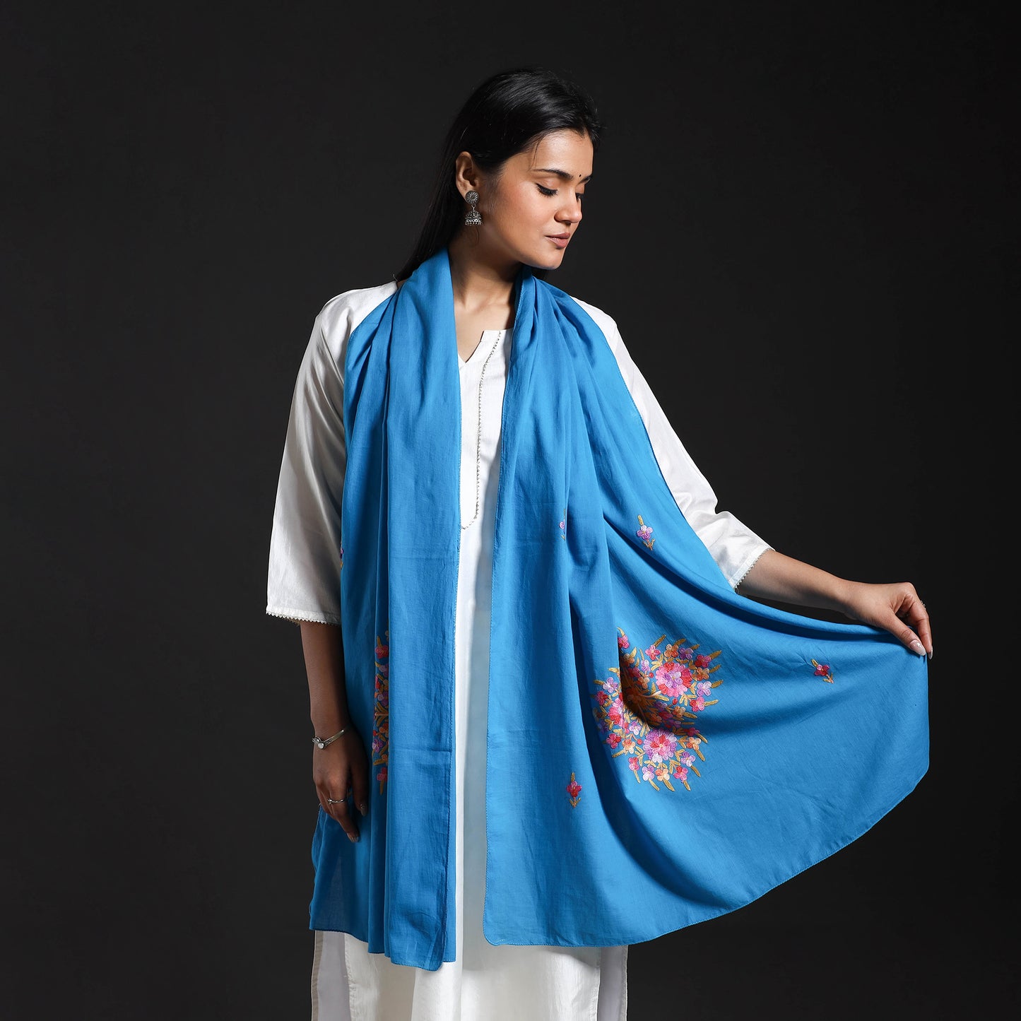 Blue - Cotton Kashida Embroidery Stole 27