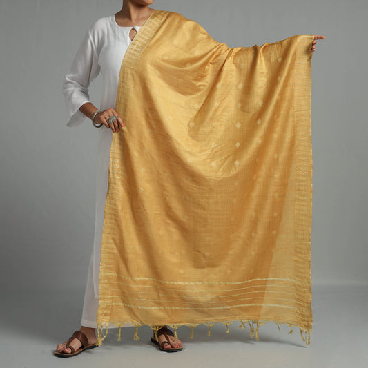 Yellow - Golden Jamdani Buti Mulberry Silk Handloom Dupatta with Tassels