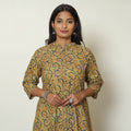 Yellow Block Print Cotton A-Line Kalamkari Kurta For Women
