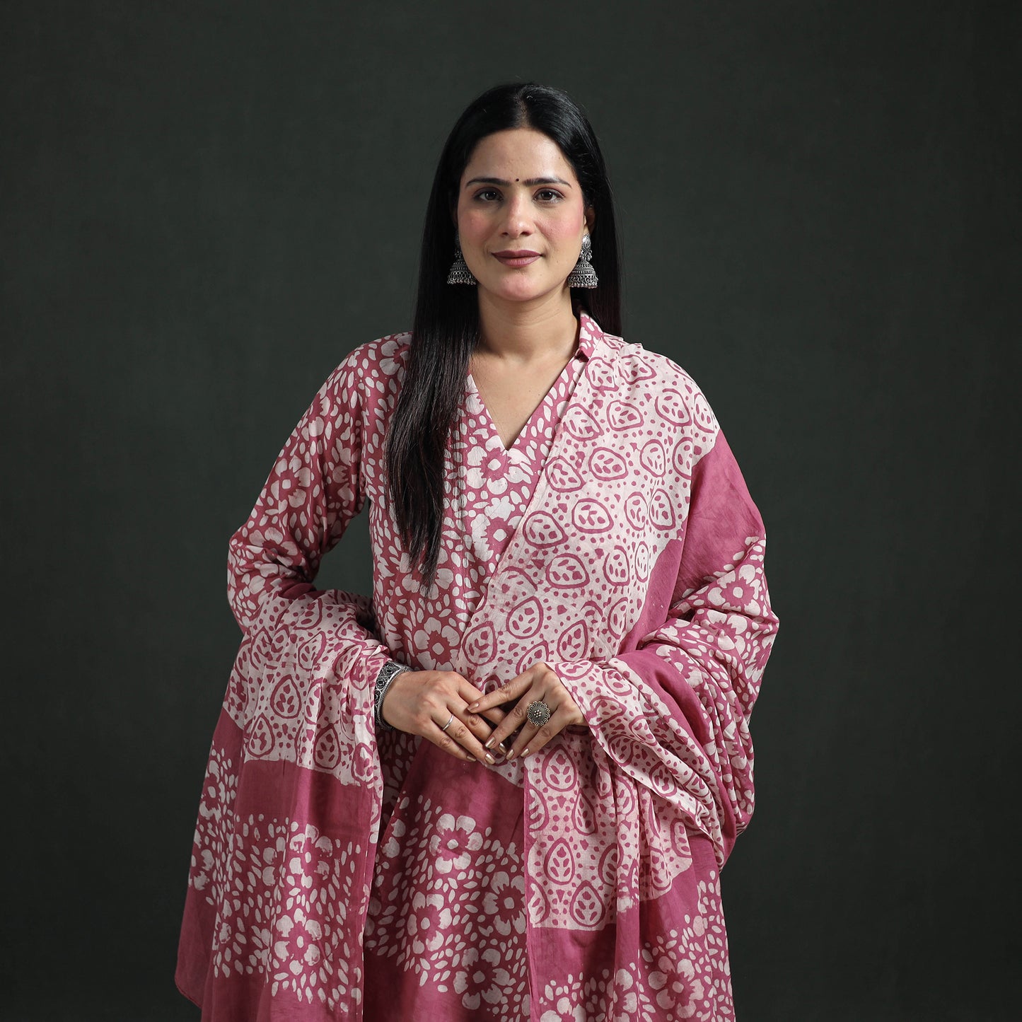 Hand Batik Print Cotton Suit Set with Dupatta for Women 13