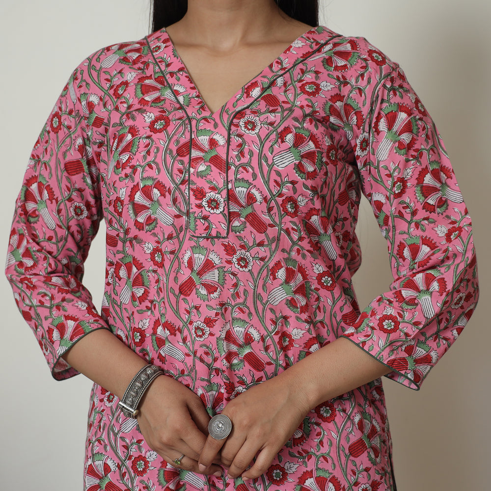 Pink - Sanganeri Block Printed Cotton Kurta with Palazzo Set 10