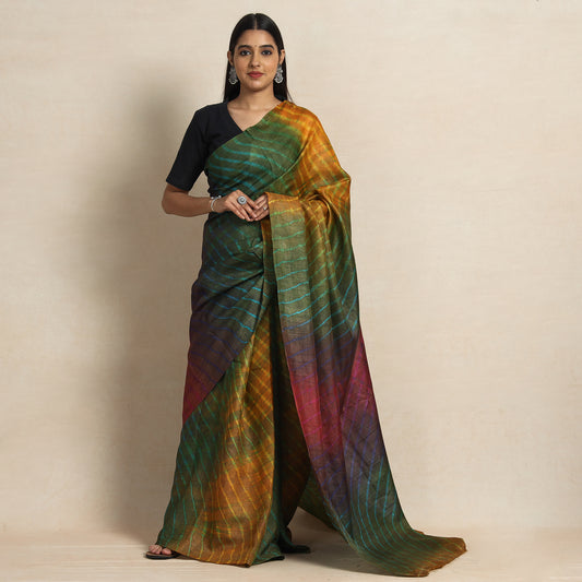 Multicolor - Multicolour Leheriya Tie-Dye Tussar Silk Handloom Saree