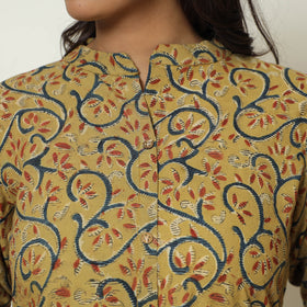 Yellow Block Print Cotton A-Line Kalamkari Kurta For Women