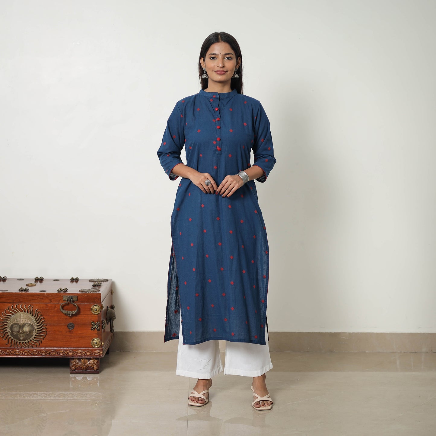 Blue - Pure Cotton A-Line Jacquard Kurta 01