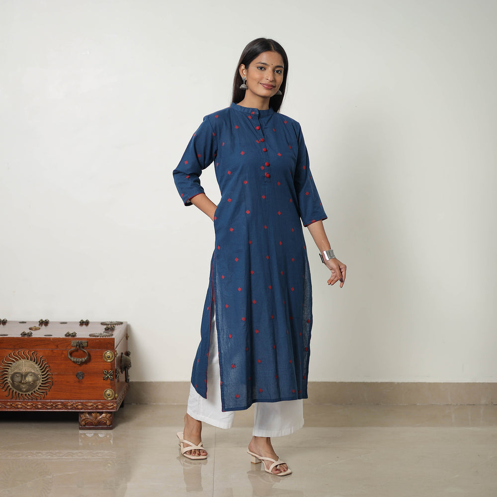 Blue - Pure Cotton A-Line Jacquard Kurta 01