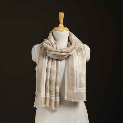 Beige - Plain Zari Weave Fine Wool Stole for Women 49