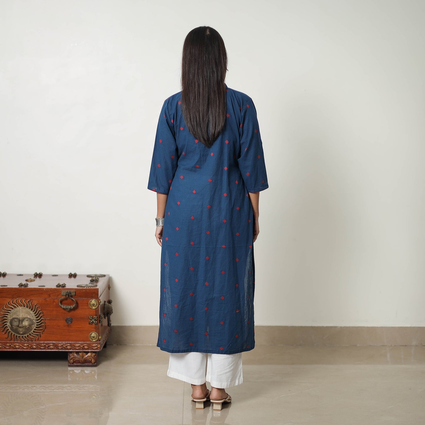 Blue - Pure Cotton A-Line Jacquard Kurta 01