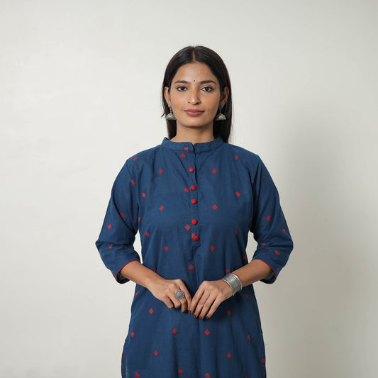 Blue - Pure Cotton A-Line Jacquard Kurta 01