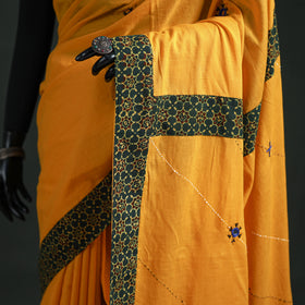 Tagai & Mirror Embroidered Ajrakh Patchwork Pure Mul Cotton Saree with Blouse Piece 09