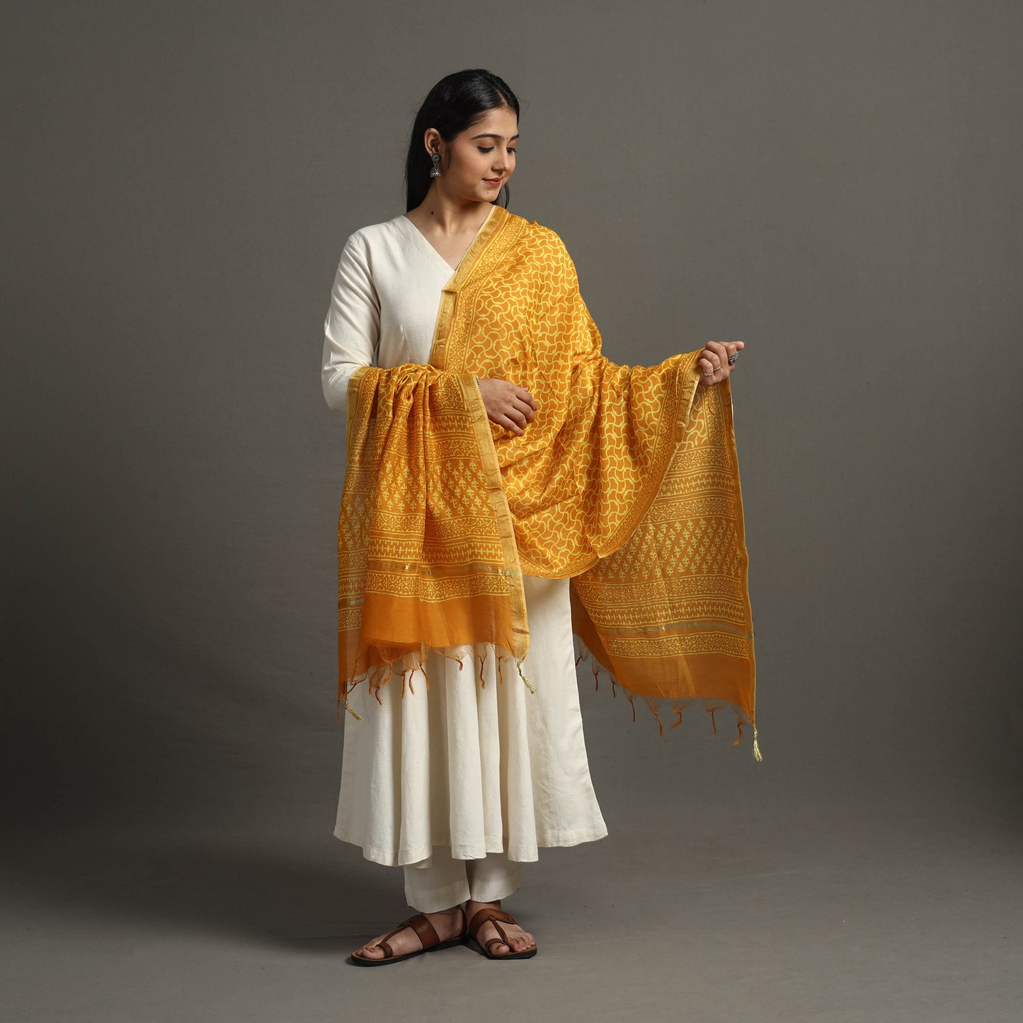 Orange - Block Printed Chanderi Silk Bagru Dupatta 02