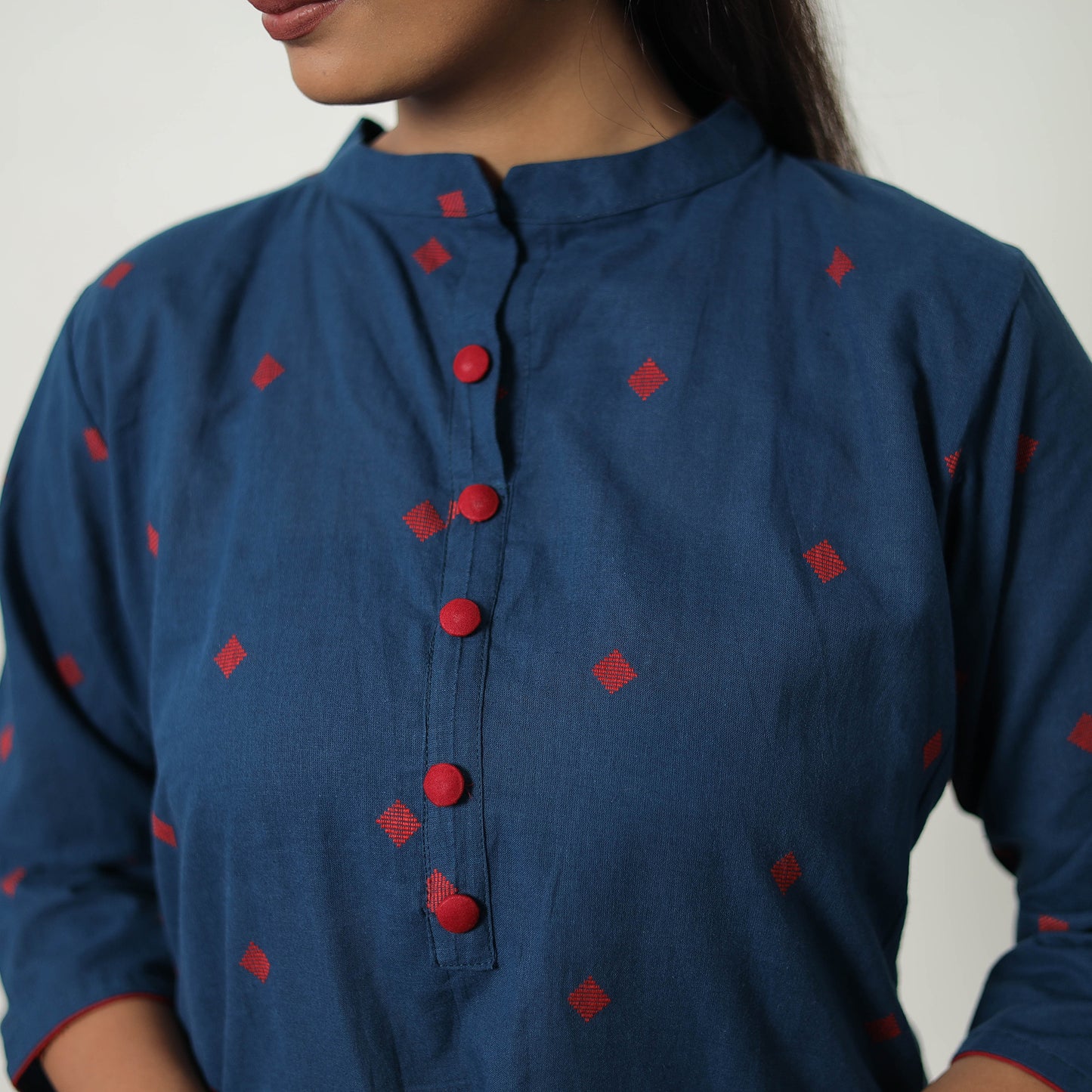 Blue - Pure Cotton A-Line Jacquard Kurta 01