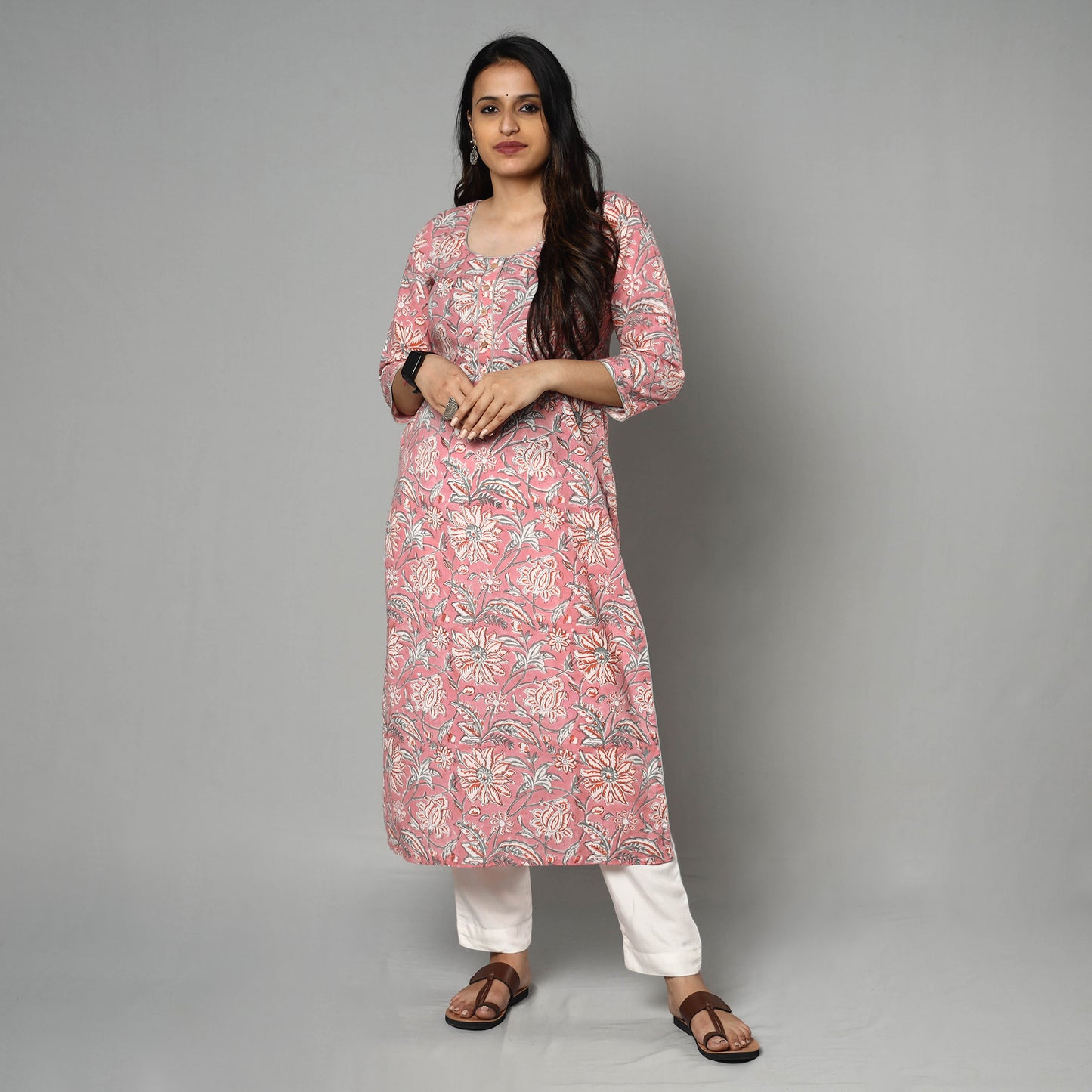 Pink - Sanganeri Block Printing Cotton Long Kurta