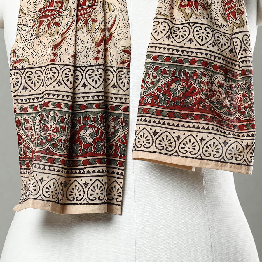 Beige - Pedana Block Print Natural Dyed Cotton Kalamkari Stole 36